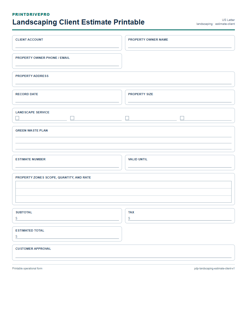 Landscaping Client Estimate Printable preview