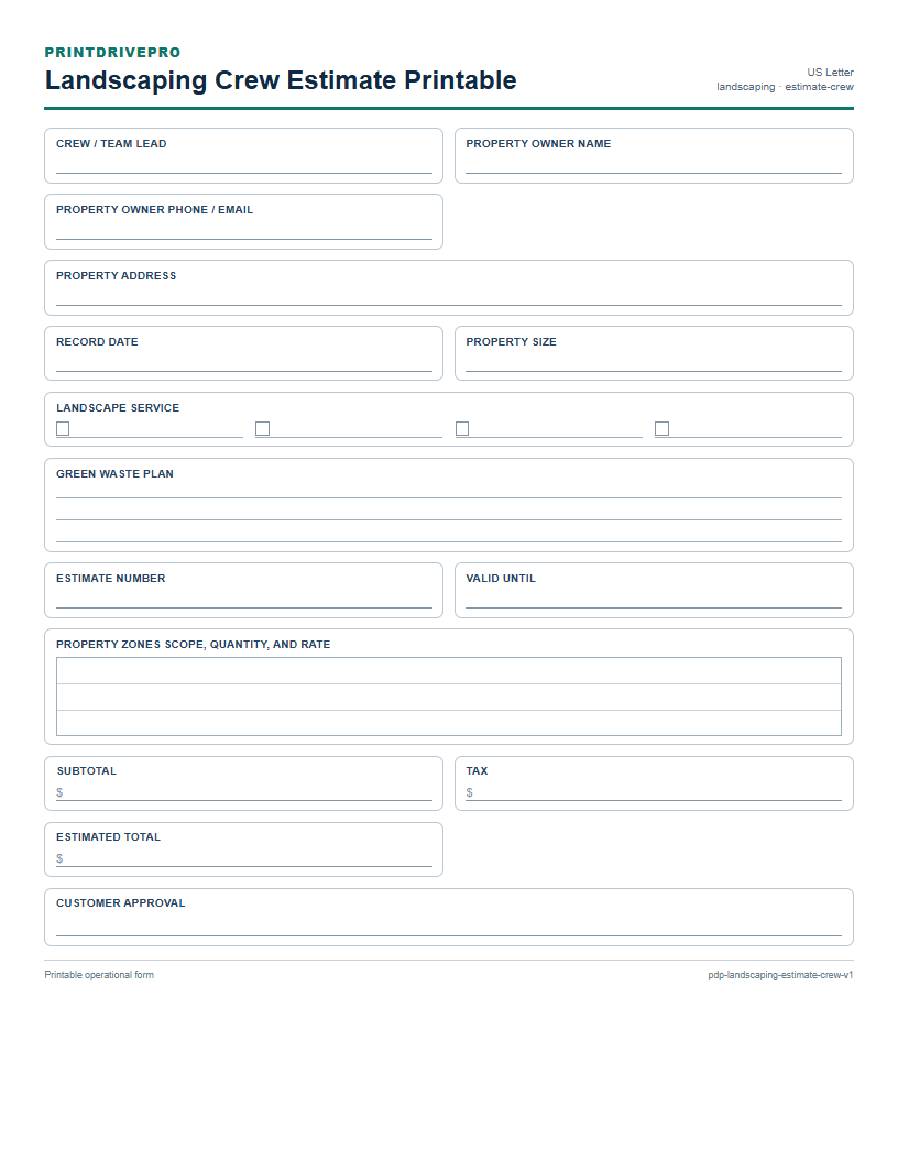 Landscaping Crew Estimate Printable preview