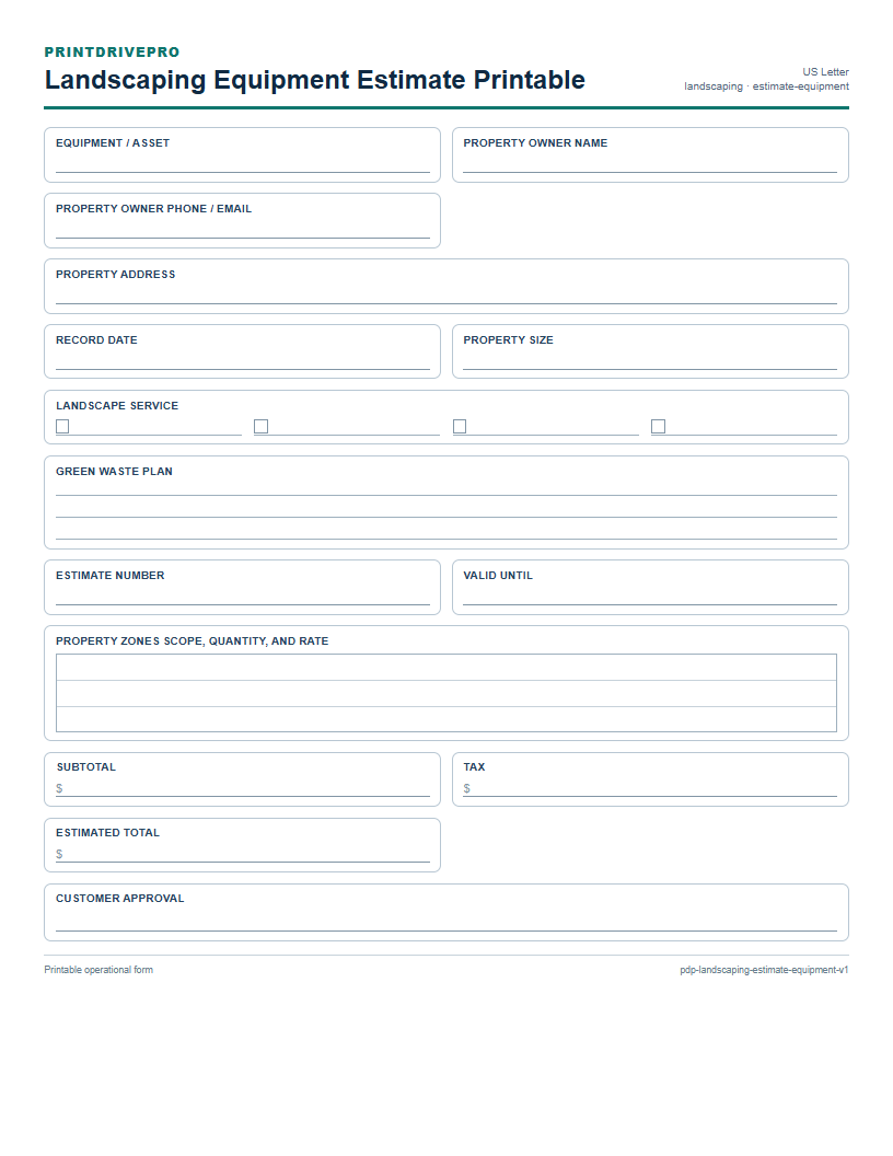 Landscaping Equipment Estimate Printable preview