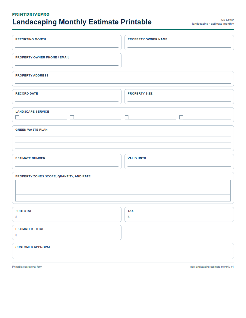 Landscaping Monthly Estimate Printable preview