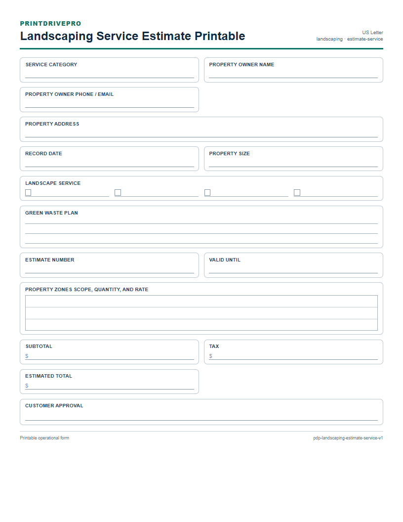 Landscaping Service Estimate Printable preview