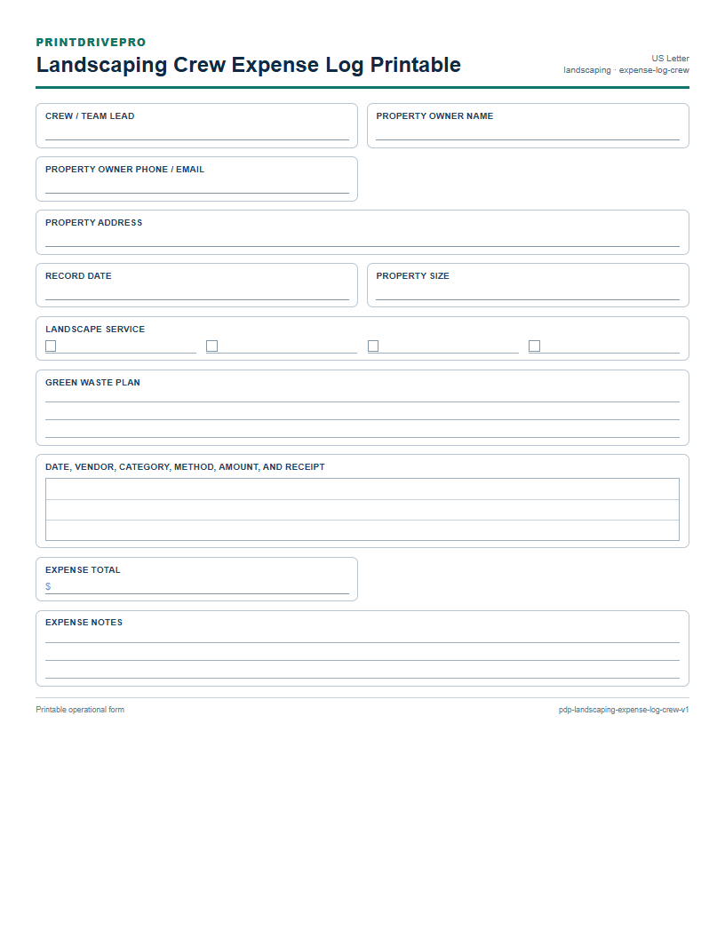 Landscaping Crew Expense Log Printable preview
