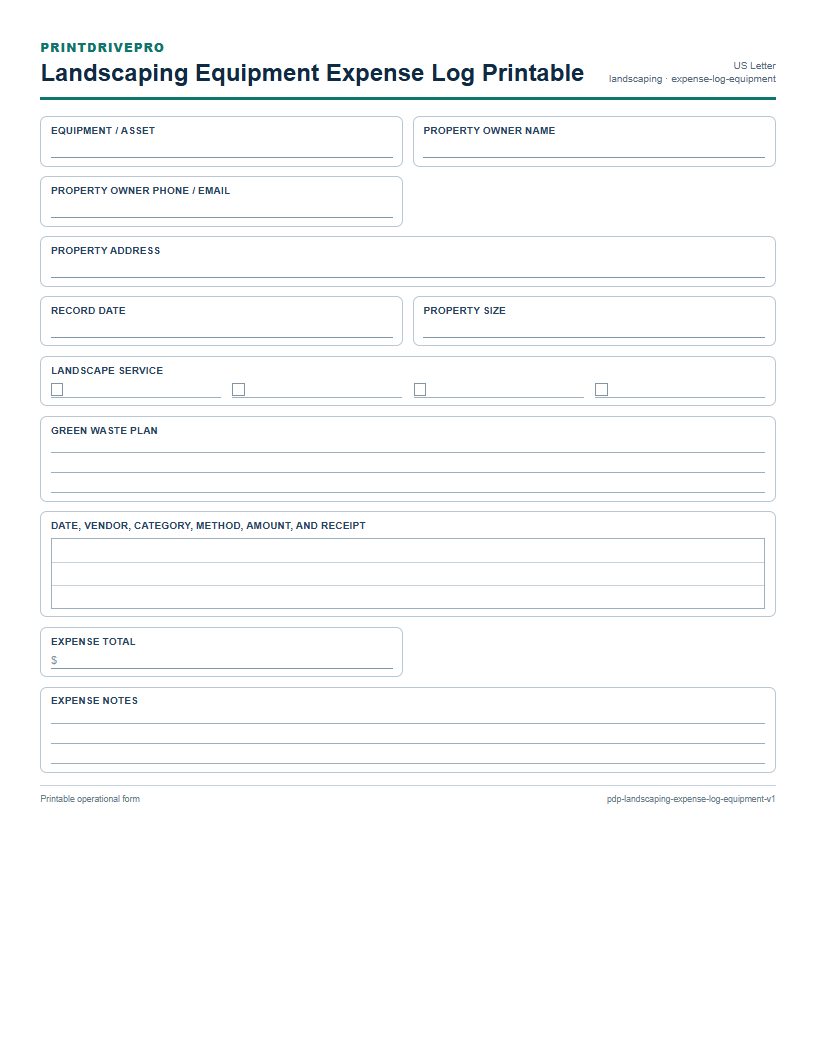 Landscaping Equipment Expense Log Printable preview