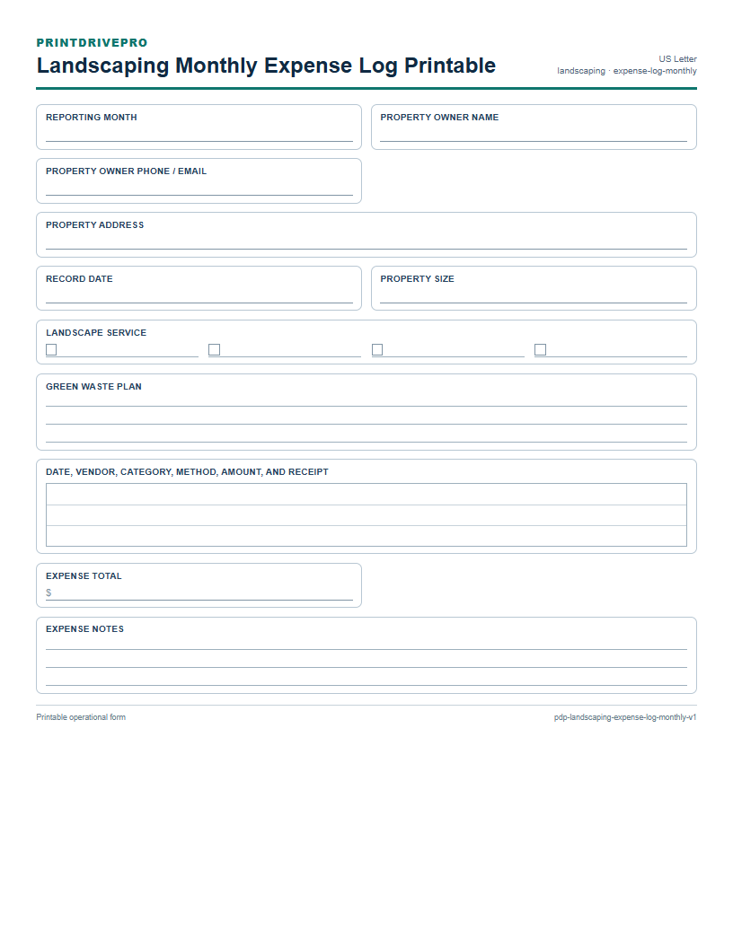 Landscaping Monthly Expense Log Printable preview