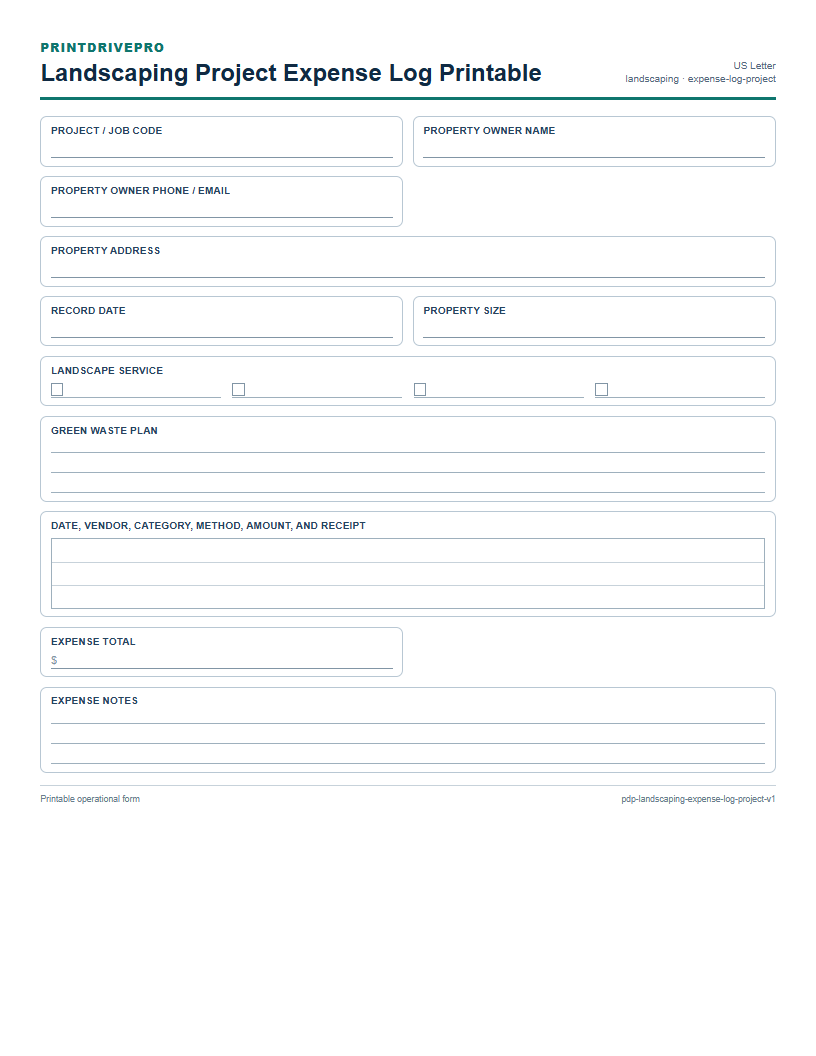 Landscaping Project Expense Log Printable preview