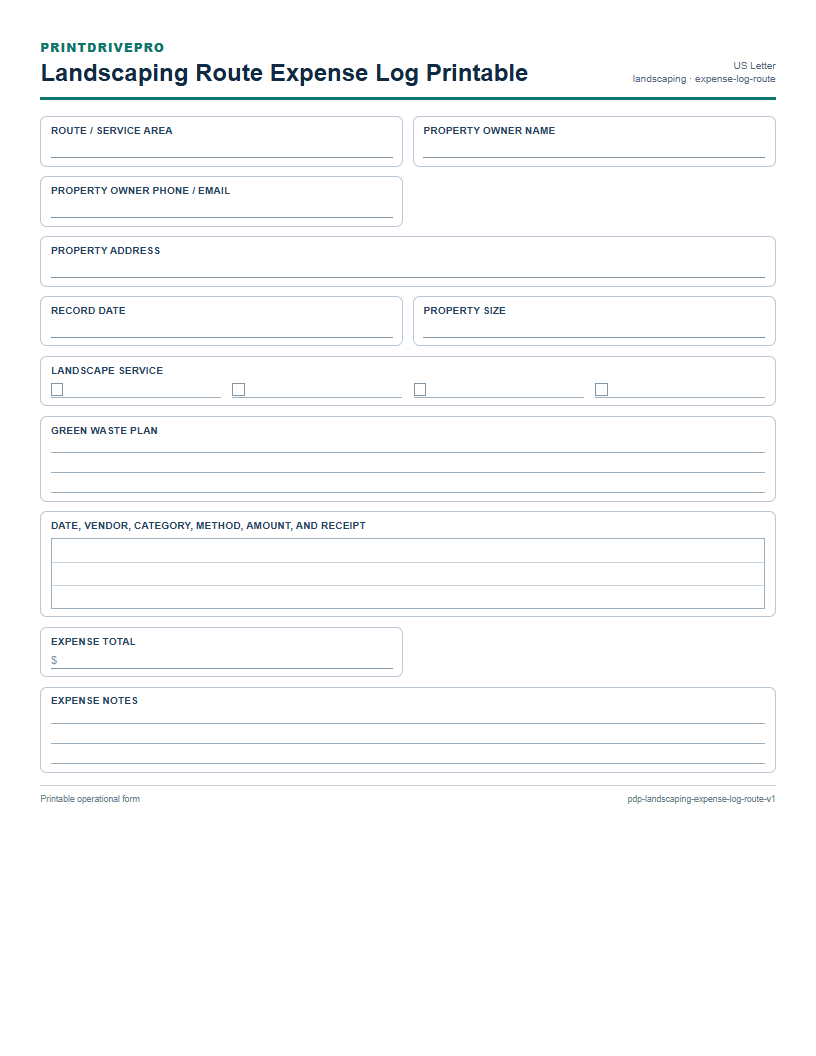 Landscaping Route Expense Log Printable preview
