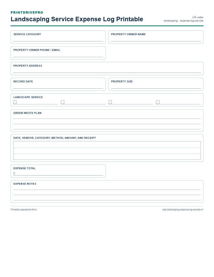 Landscaping Service Expense Log Printable preview