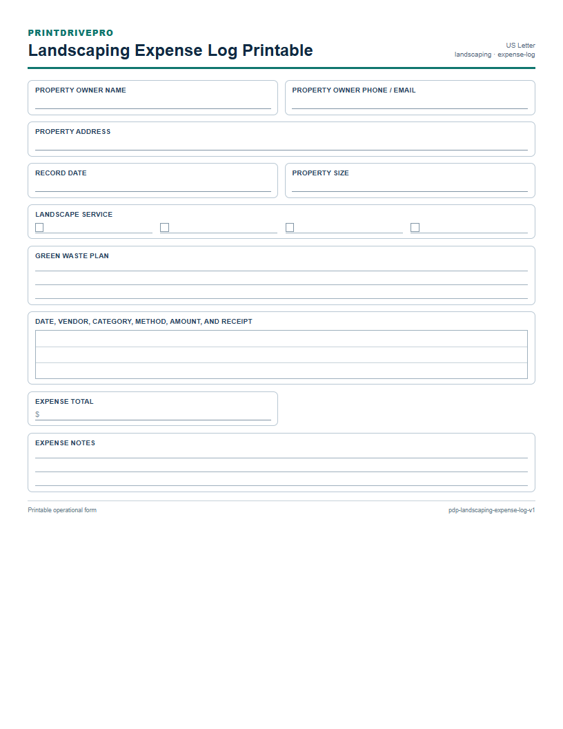 Landscaping Expense Log Printable preview