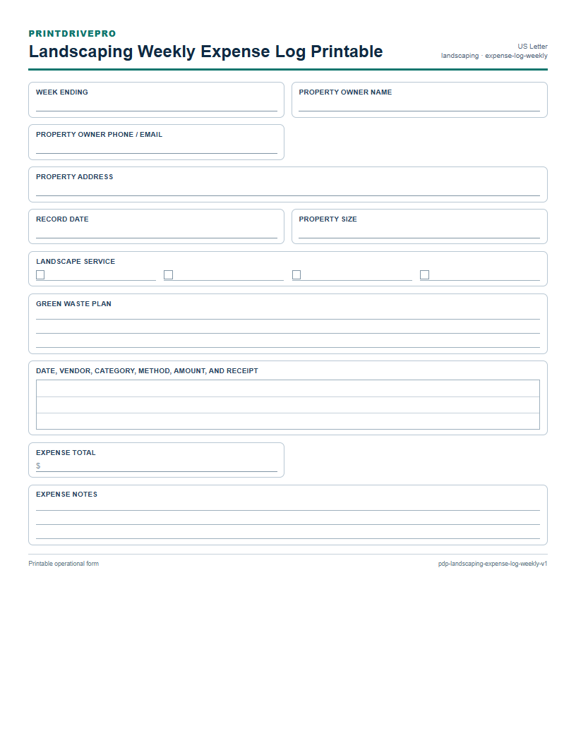 Landscaping Weekly Expense Log Printable preview