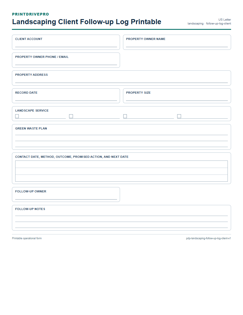 Landscaping Client Follow-up Log Printable preview