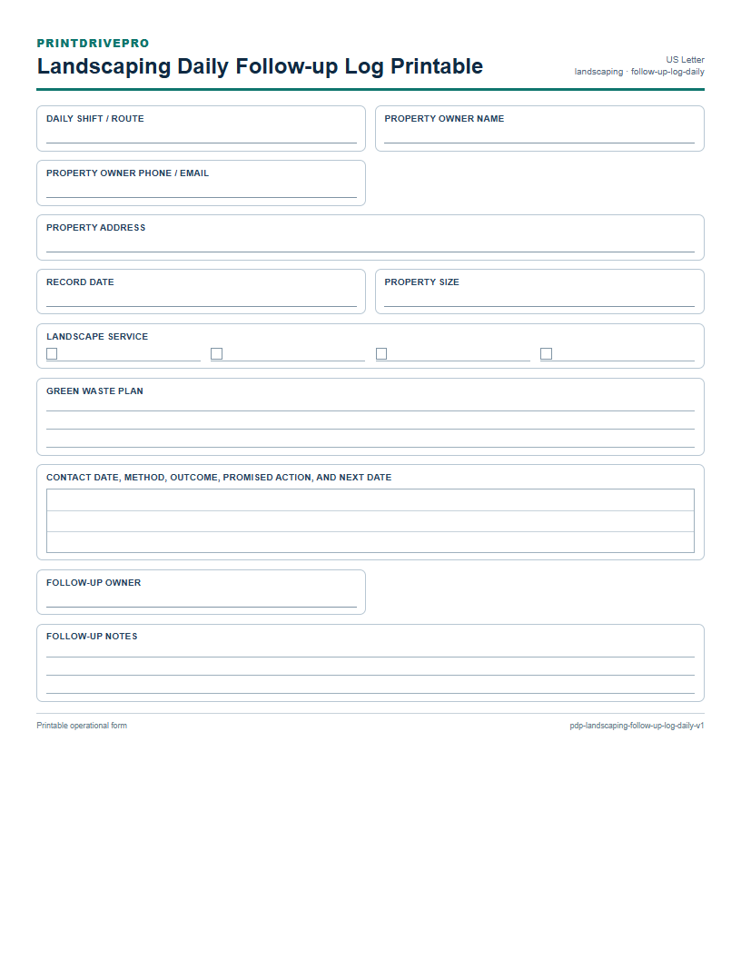 Landscaping Daily Follow-up Log Printable preview
