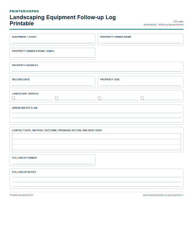 Landscaping Equipment Follow-up Log Printable preview