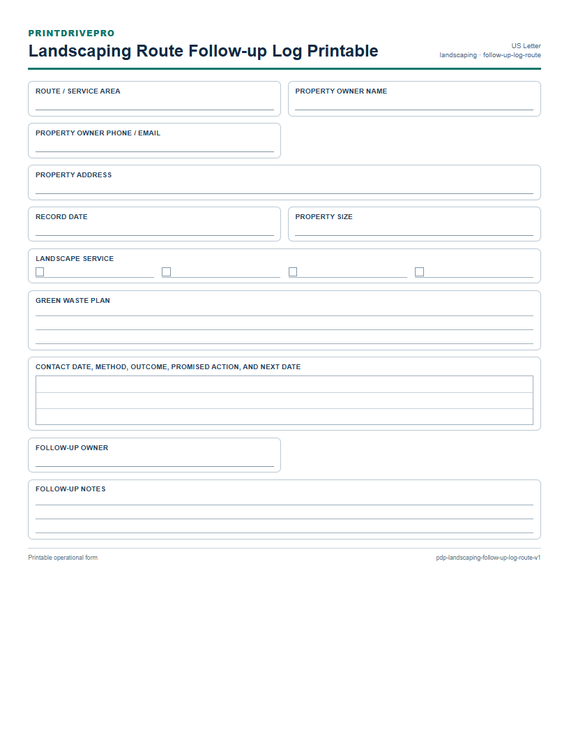 Landscaping Route Follow-up Log Printable preview