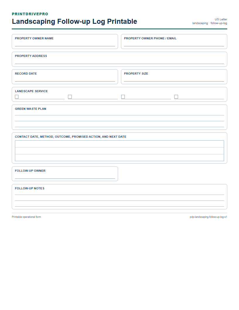 Landscaping Follow-up Log Printable preview