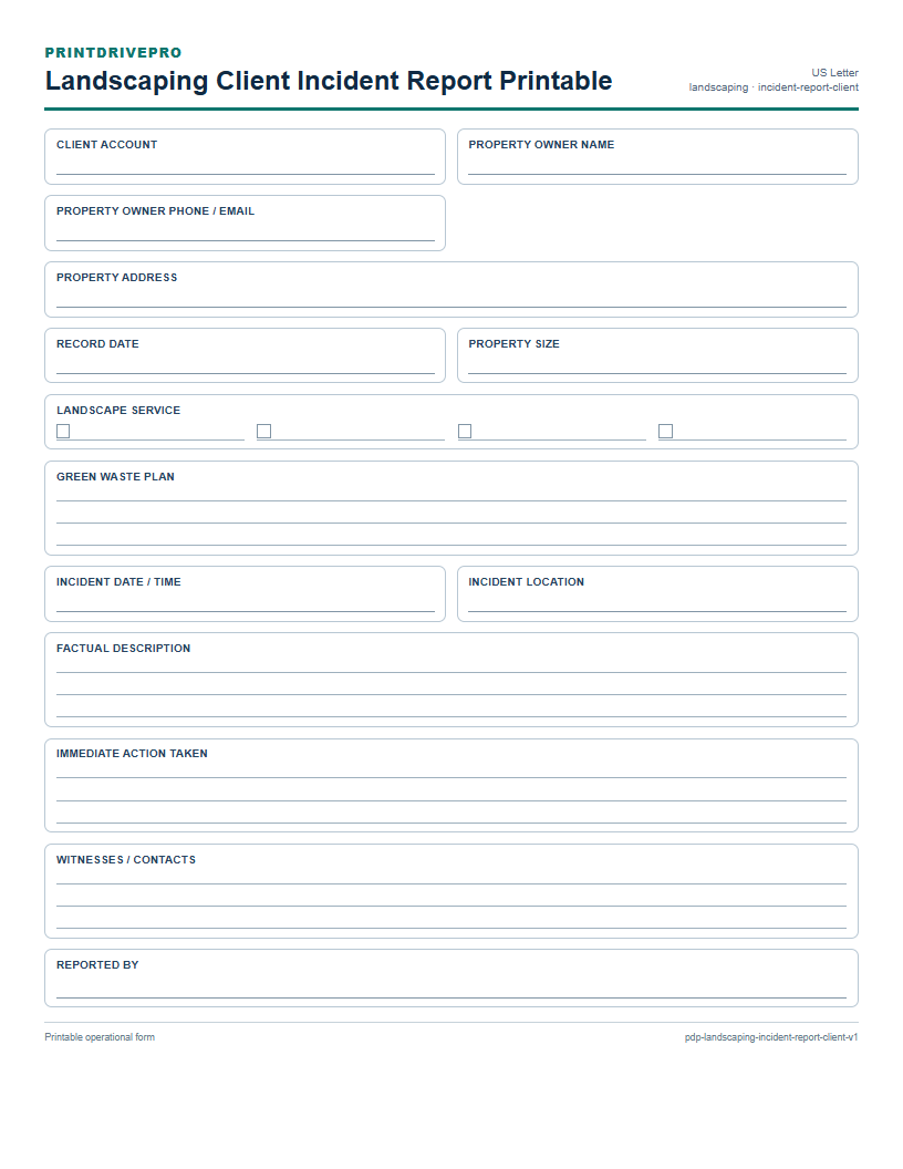 Landscaping Client Incident Report Printable preview