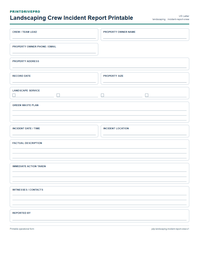 Landscaping Crew Incident Report Printable preview