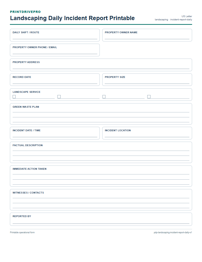 Landscaping Daily Incident Report Printable preview