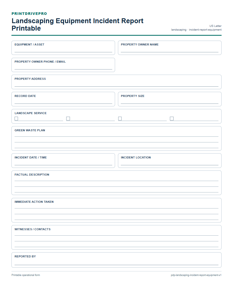 Landscaping Equipment Incident Report Printable preview