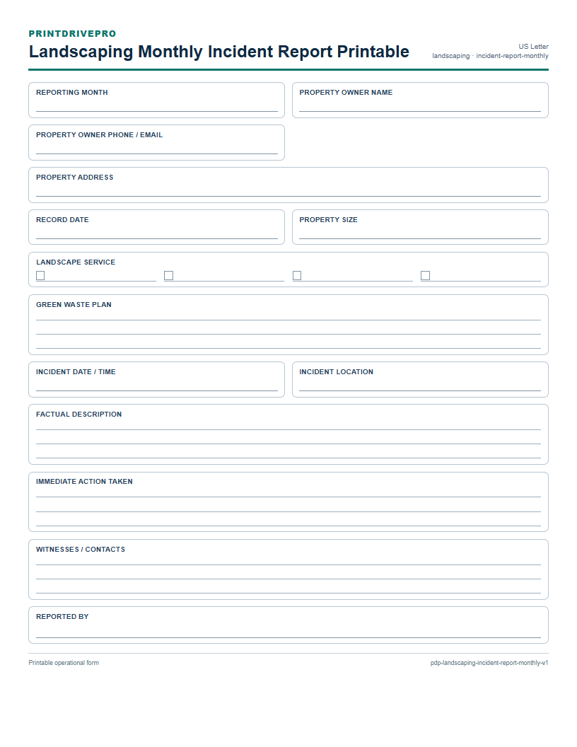 Landscaping Monthly Incident Report Printable preview