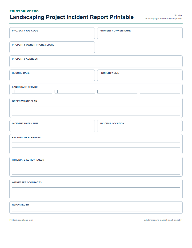Landscaping Project Incident Report Printable preview