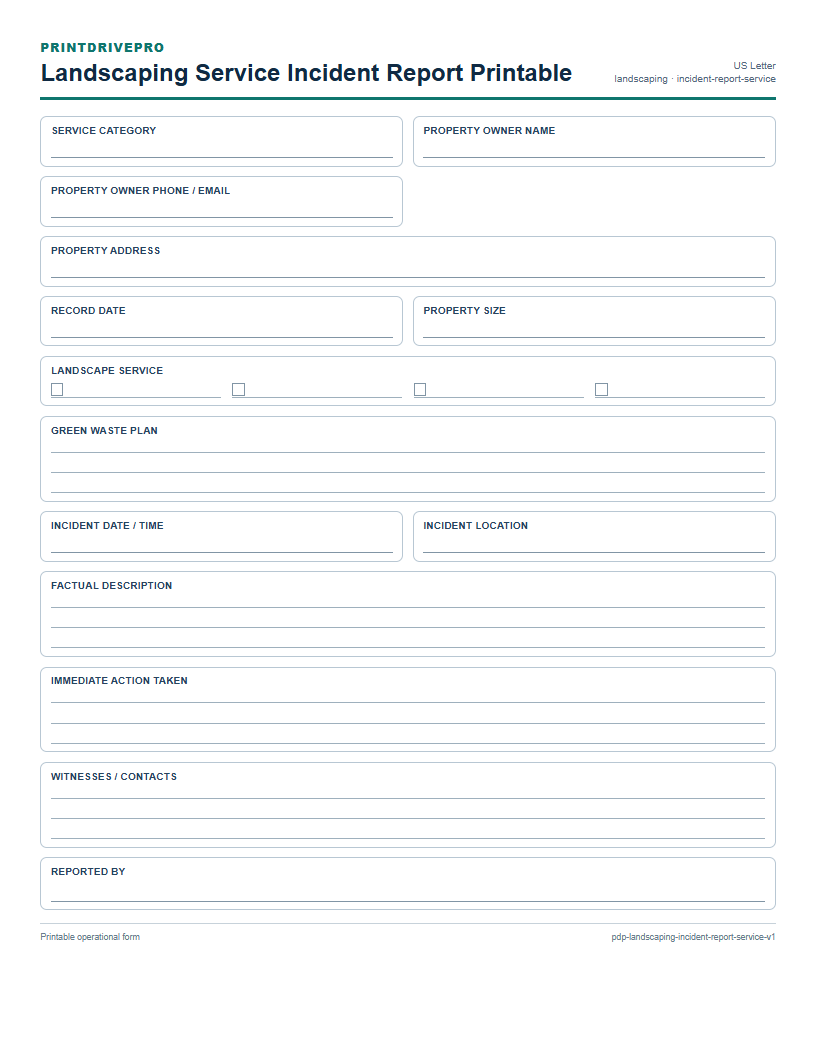 Landscaping Service Incident Report Printable preview
