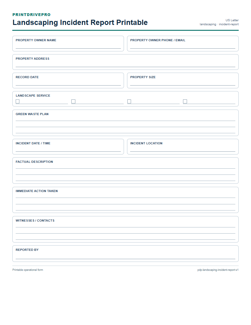 Landscaping Incident Report Printable preview