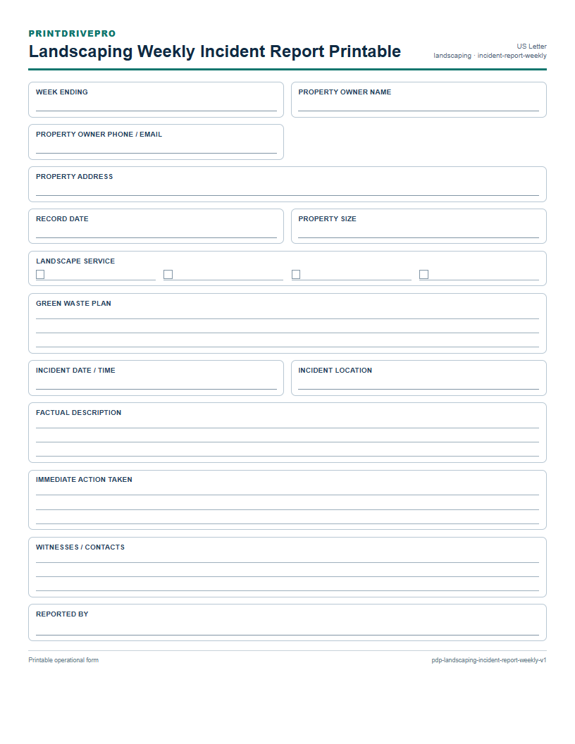 Landscaping Weekly Incident Report Printable preview