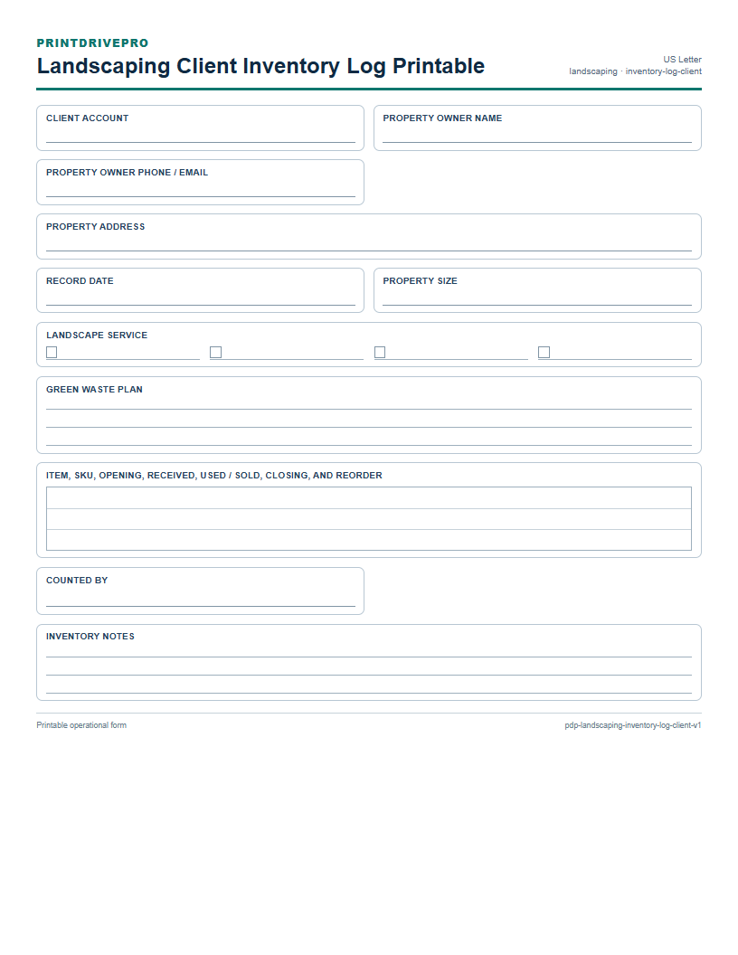 Landscaping Client Inventory Log Printable preview