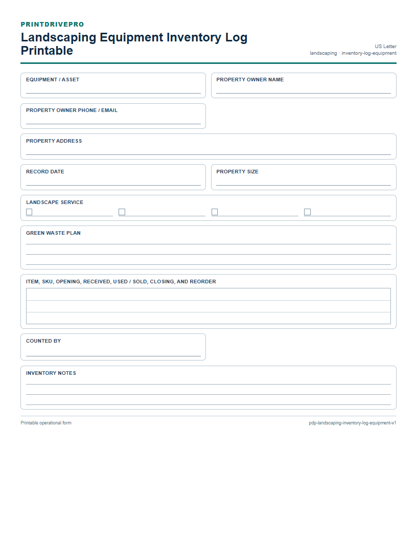 Landscaping Equipment Inventory Log Printable preview