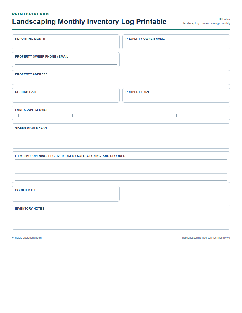 Landscaping Monthly Inventory Log Printable preview