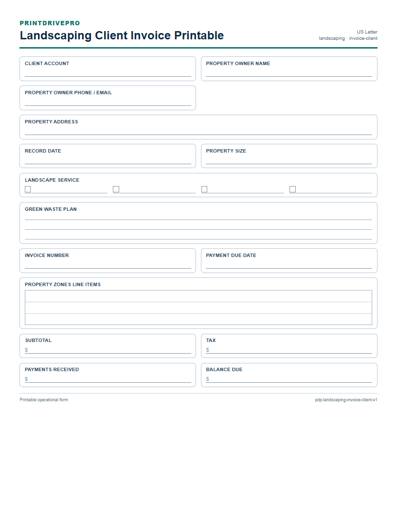 Landscaping Client Invoice Printable preview