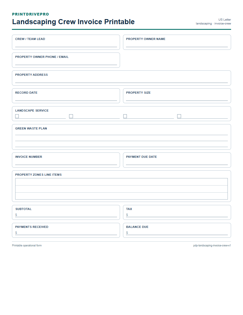 Landscaping Crew Invoice Printable preview