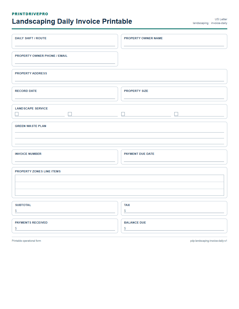 Landscaping Daily Invoice Printable preview