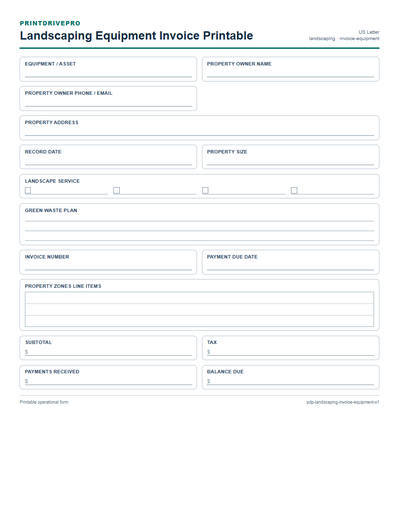 Landscaping Equipment Invoice Printable preview