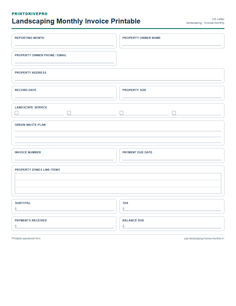 Landscaping Monthly Invoice Printable preview