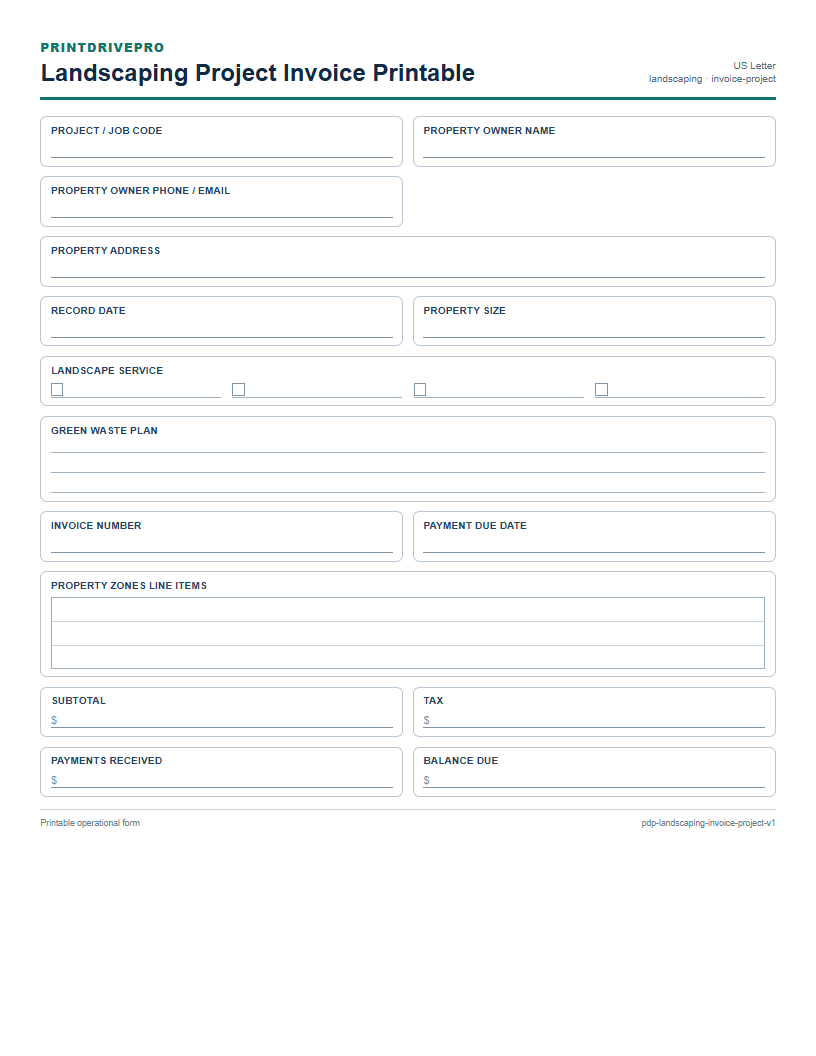 Landscaping Project Invoice Printable preview
