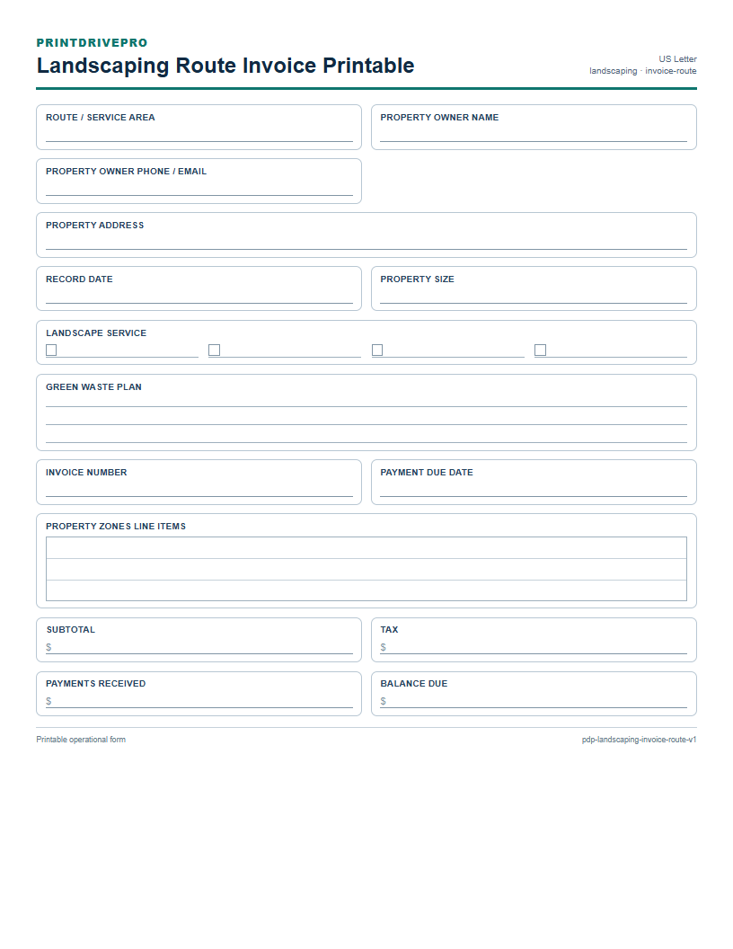 Landscaping Route Invoice Printable preview