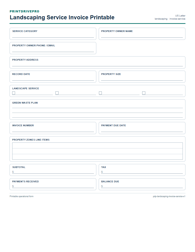 Landscaping Service Invoice Printable preview