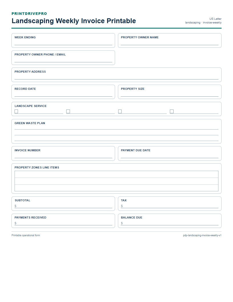 Landscaping Weekly Invoice Printable preview