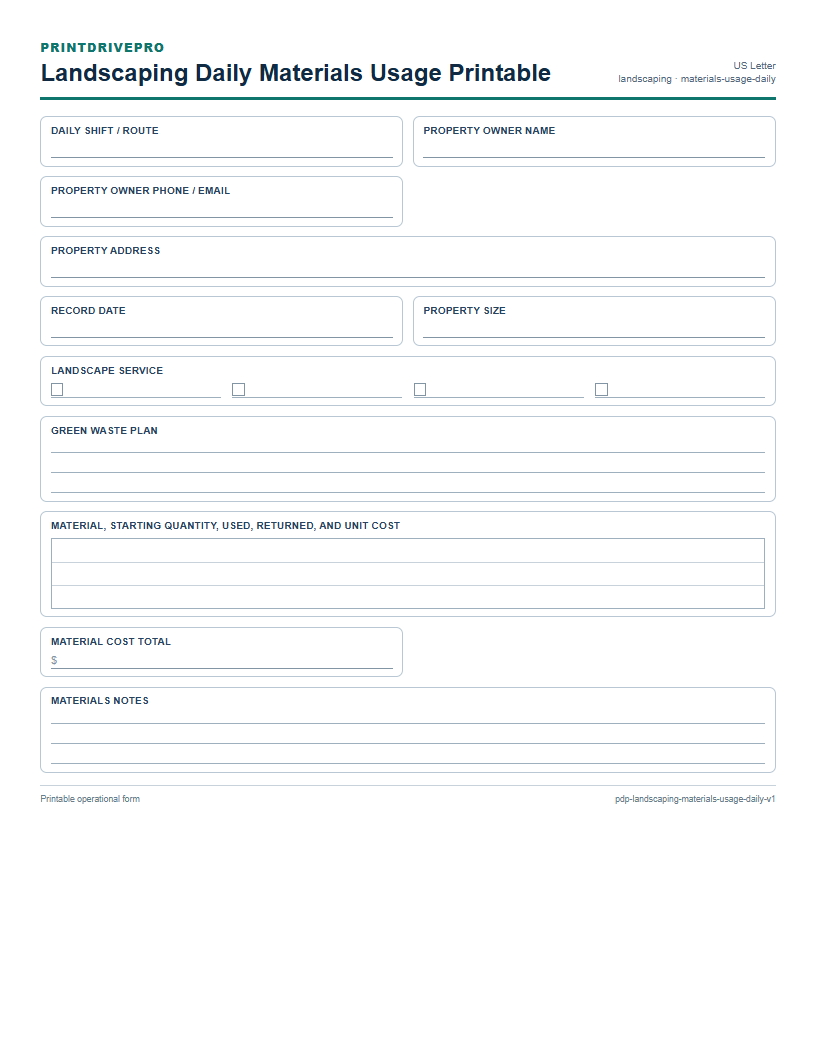 Landscaping Daily Materials Usage Printable preview
