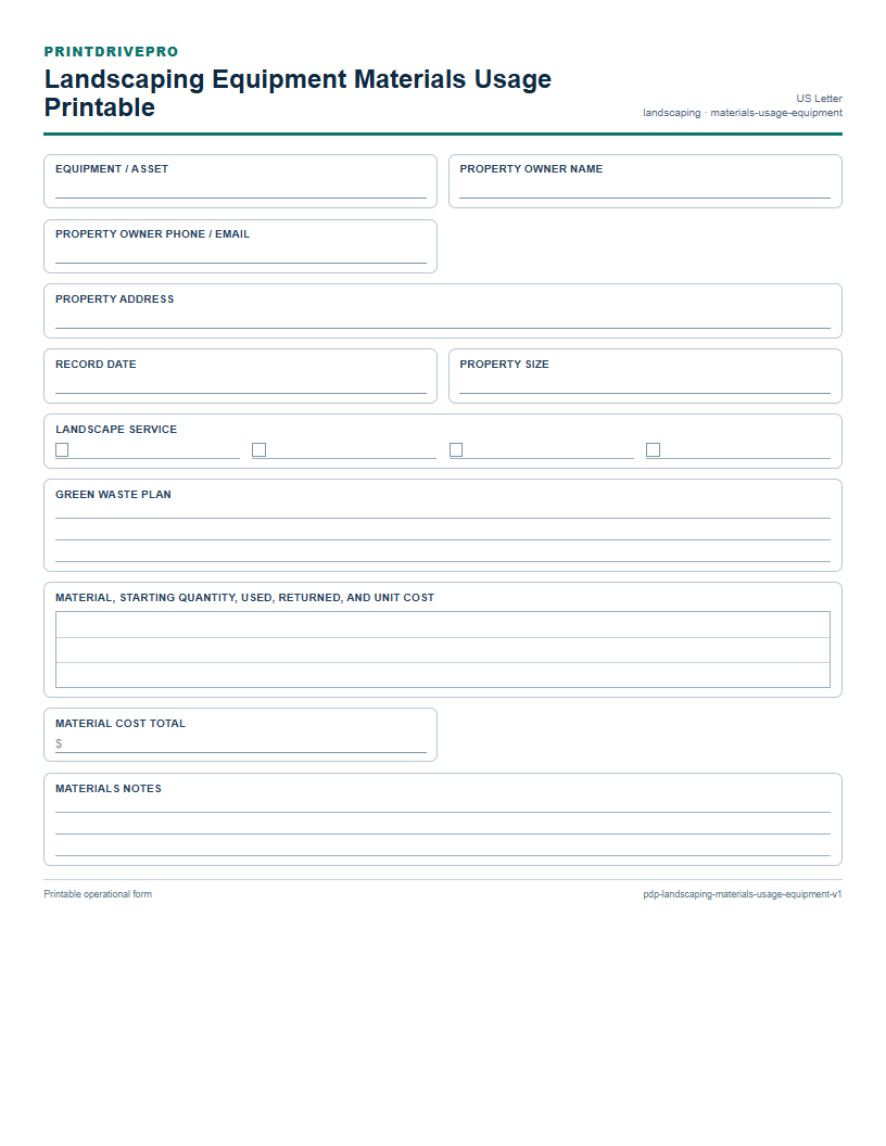 Landscaping Equipment Materials Usage Printable preview