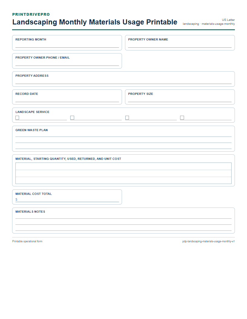 Landscaping Monthly Materials Usage Printable preview