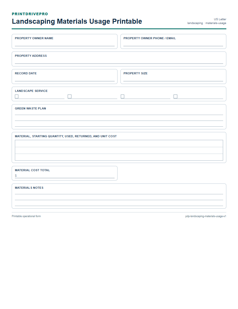 Landscaping Materials Usage Printable preview