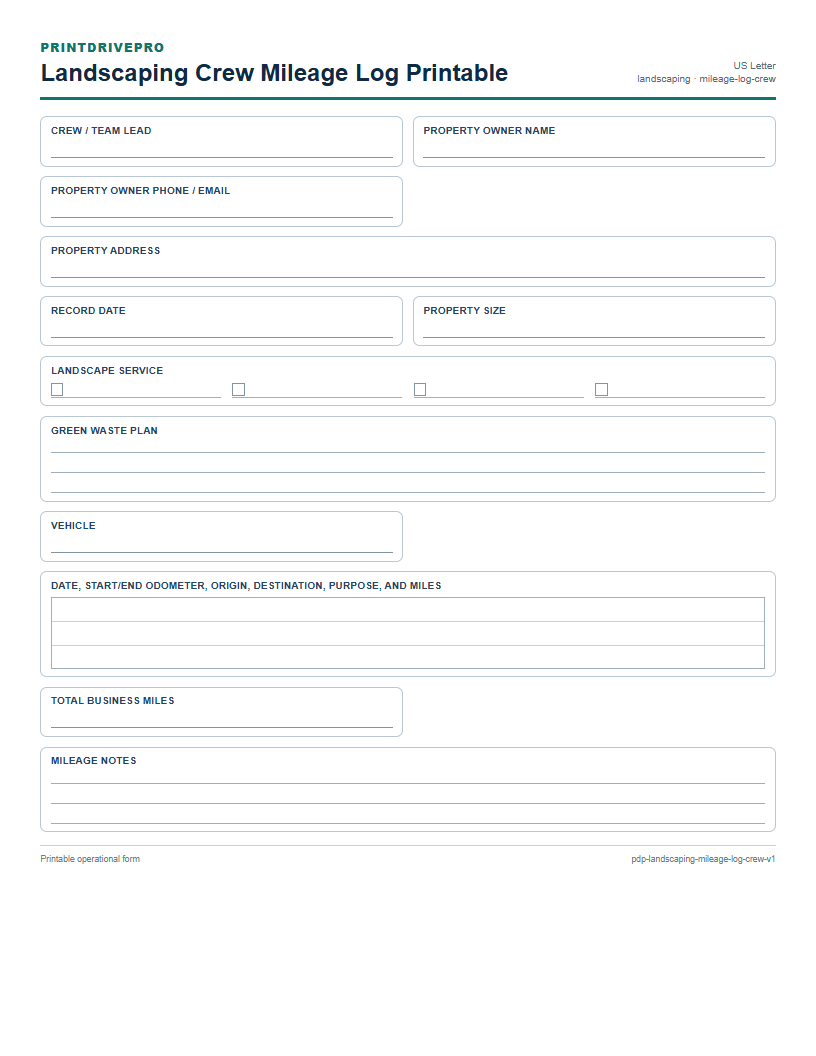 Landscaping Crew Mileage Log Printable preview