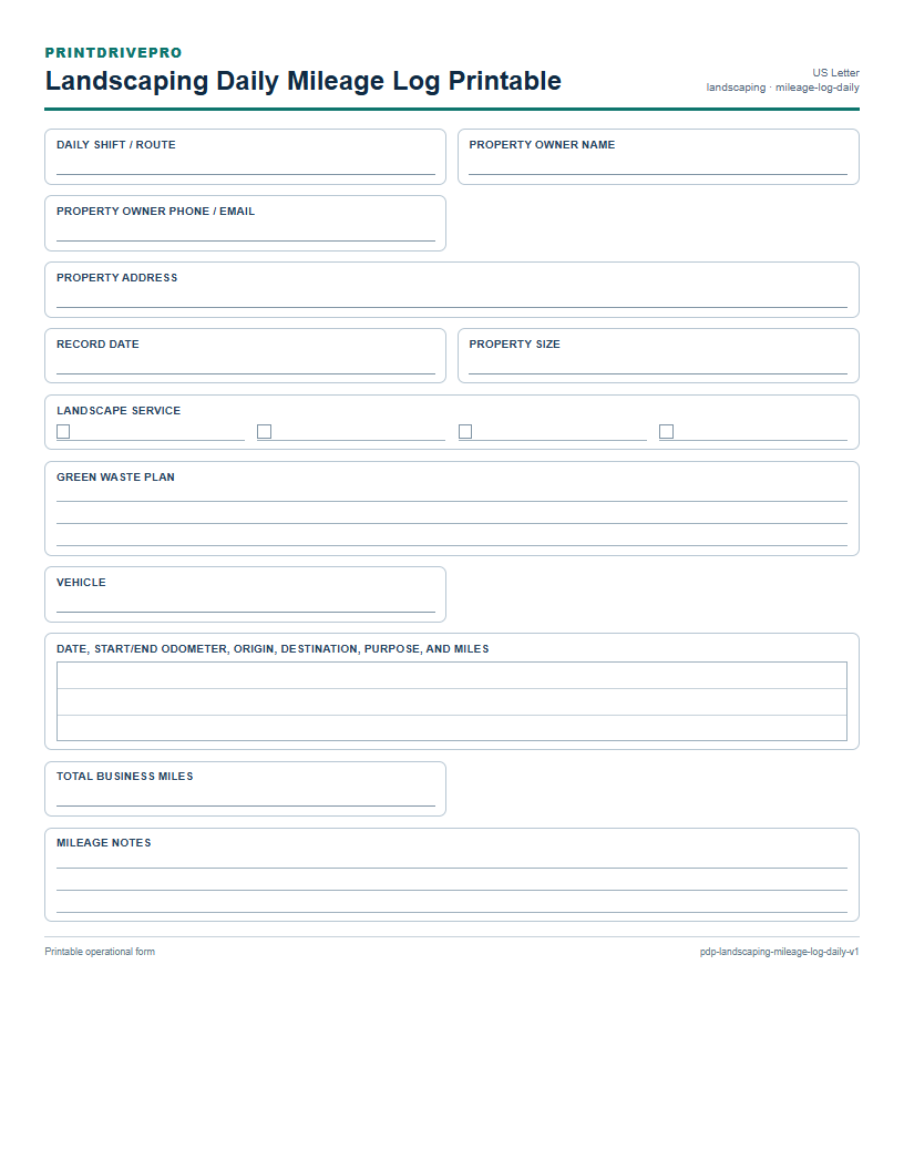 Landscaping Daily Mileage Log Printable preview