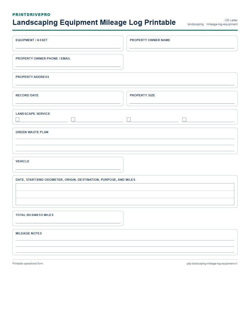 Landscaping Equipment Mileage Log Printable preview