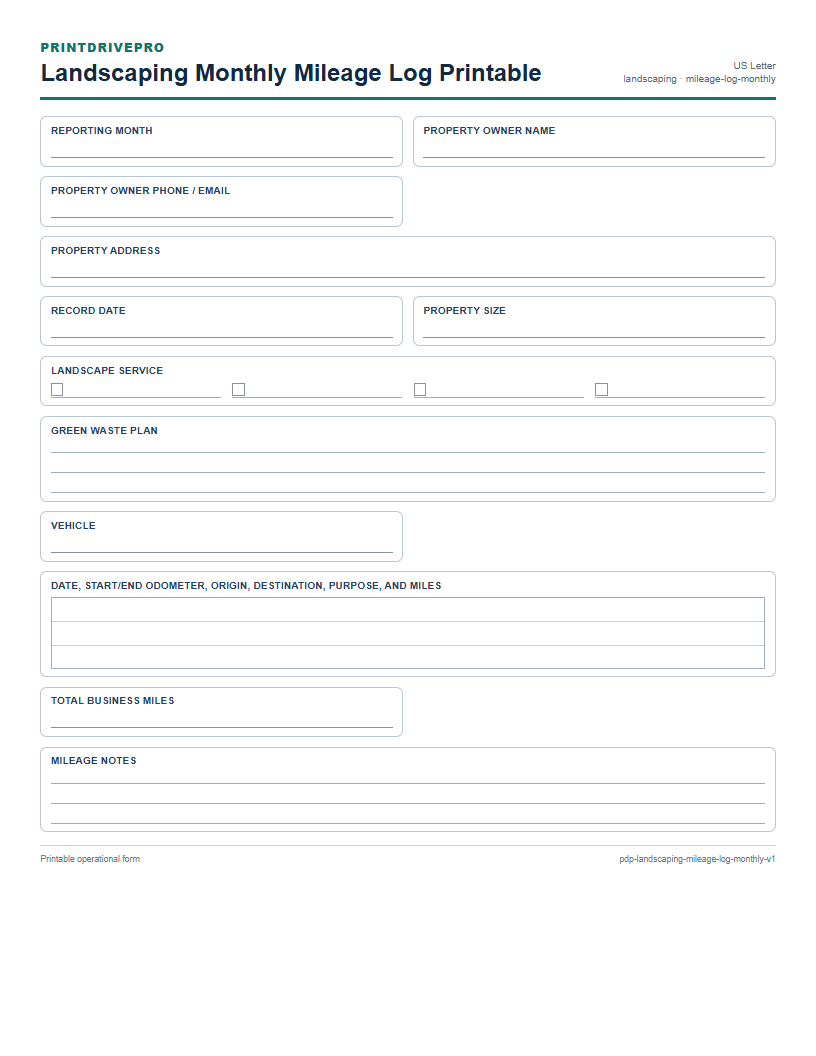 Landscaping Monthly Mileage Log Printable preview