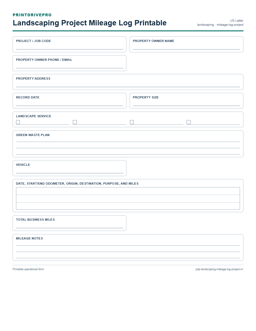 Landscaping Project Mileage Log Printable preview
