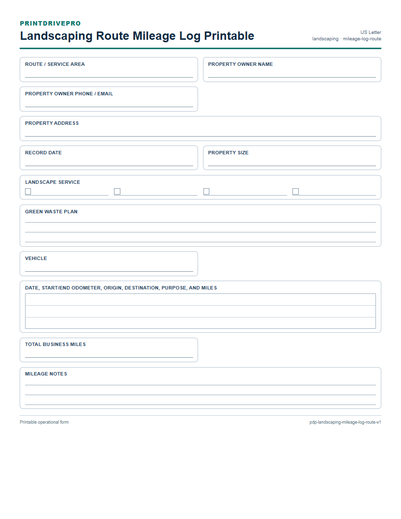Landscaping Route Mileage Log Printable preview