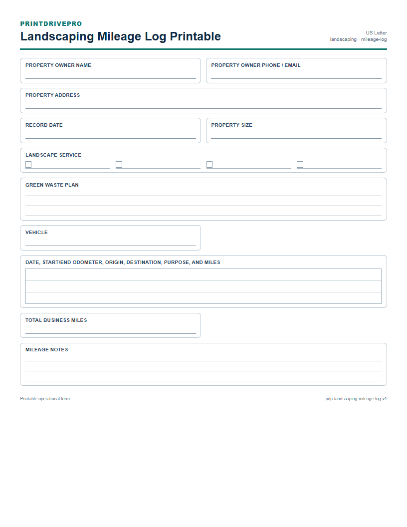 Landscaping Mileage Log Printable preview